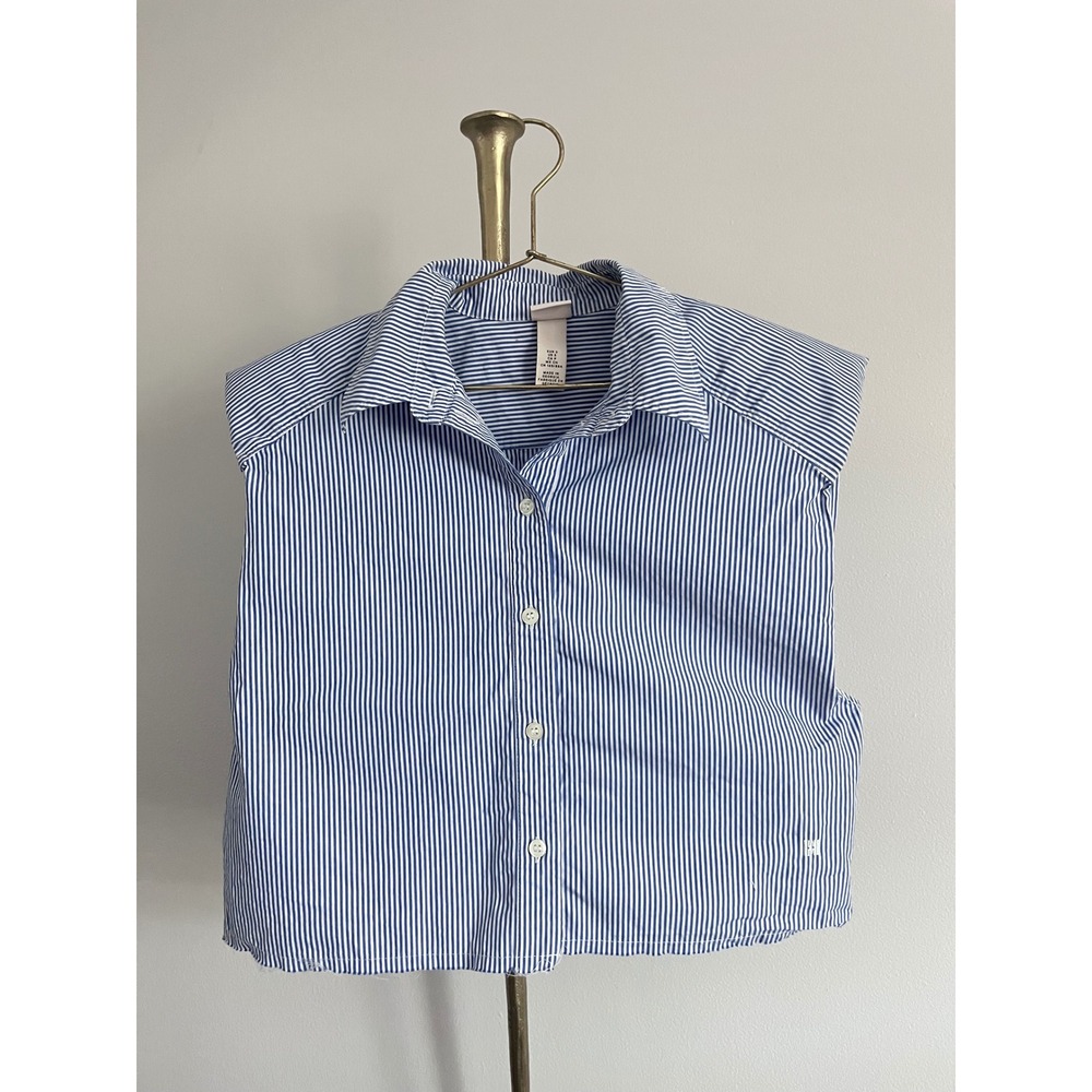 H&M Womens Blue White Pinstripe Button Down Shirt Casual Short Sleeve Top Small